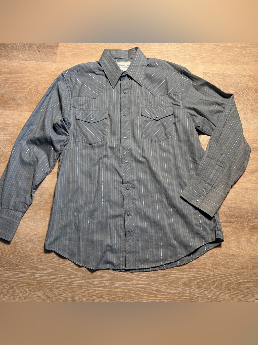 Wrangler Wrancher Men L Pearl Snap Shirt Grey Silver Metallic Pinstripe Western